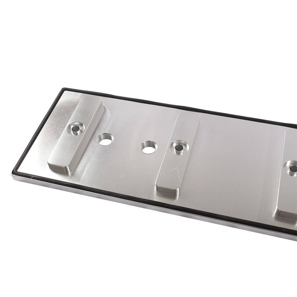 Aluminum billet tappet cover plate with circular openings and mounting holes, silver