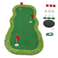 Large green putting practice mat with three red flag holes and practice cups