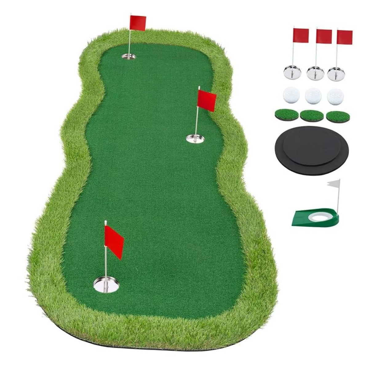 Large green putting practice mat with three red flag holes and practice cups