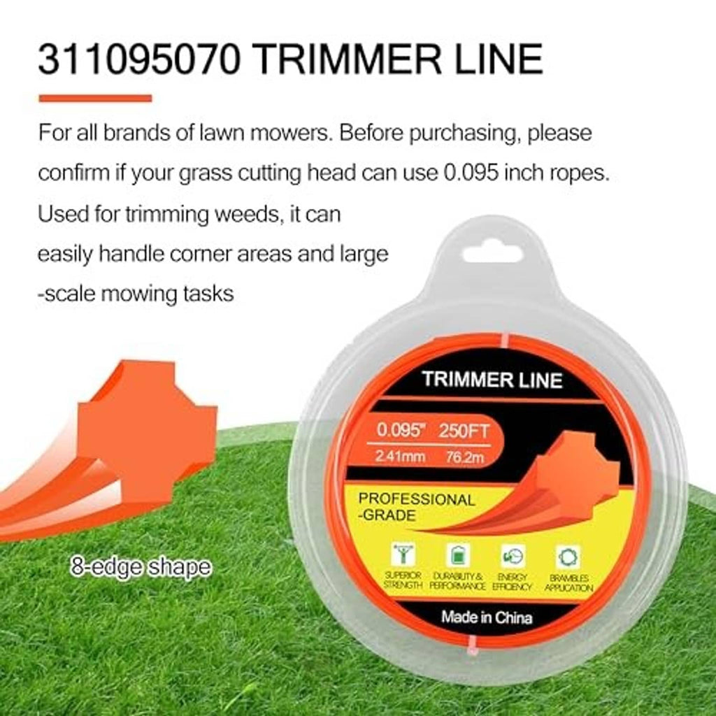 Orange trimmer line spool in clear hanging package with 8-edge line shape