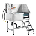 Stainless steel pet grooming bath tub with stairs and attached hose drainage system