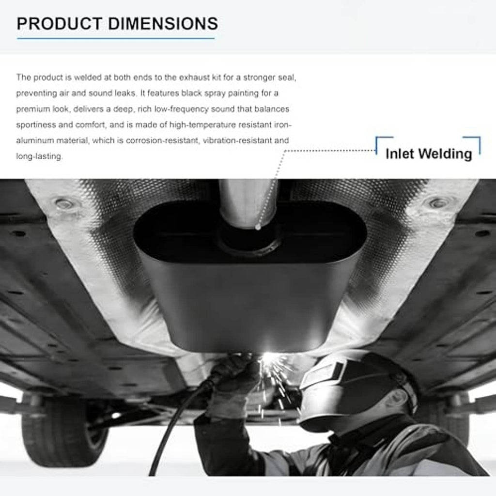 Black muffler with inlet welding connection shown under vehicle underside.