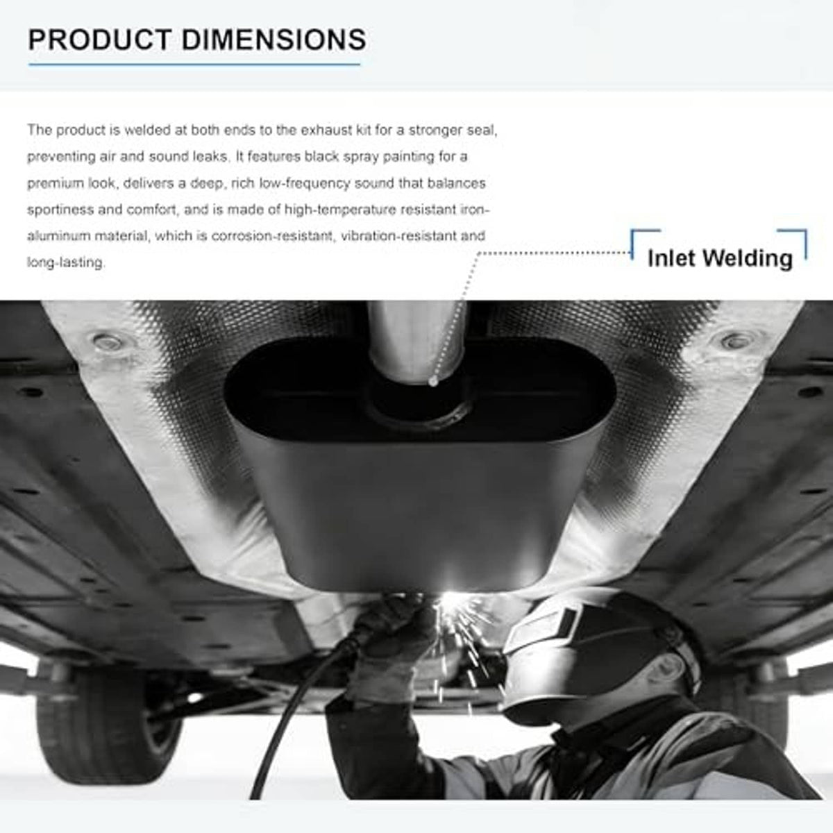 Black muffler with inlet welding connection shown under vehicle underside.