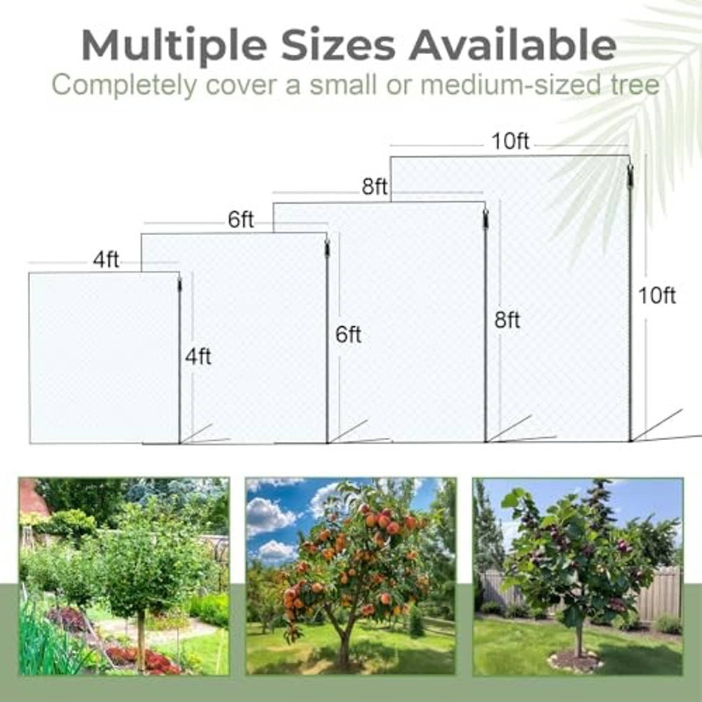Fruit tree netting cover size chart with labeled height and width ranges