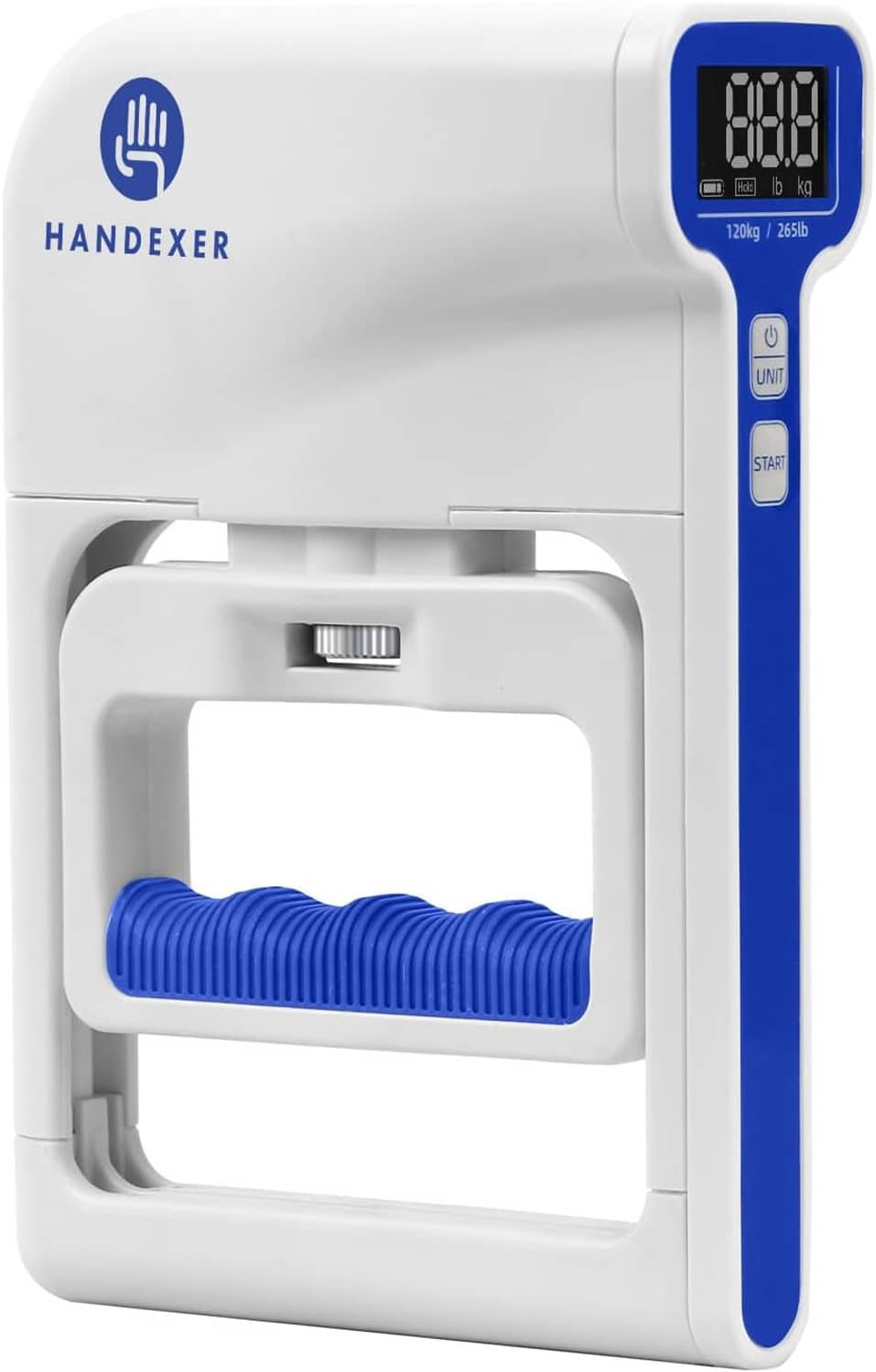 Digital grip strength tester with backlit LCD and blue textured grip handle
