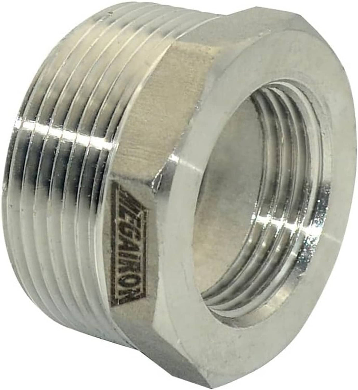 Angled view of metal NPT reducing bushing with hex exterior and threaded openings