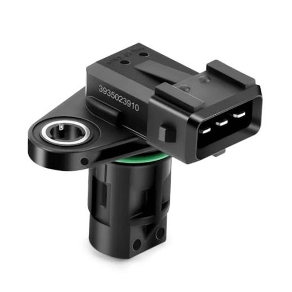 Engine camshaft position sensor with black 3-pin electrical connector and mounting base