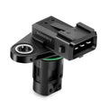 Engine camshaft position sensor with black 3-pin electrical connector and mounting base