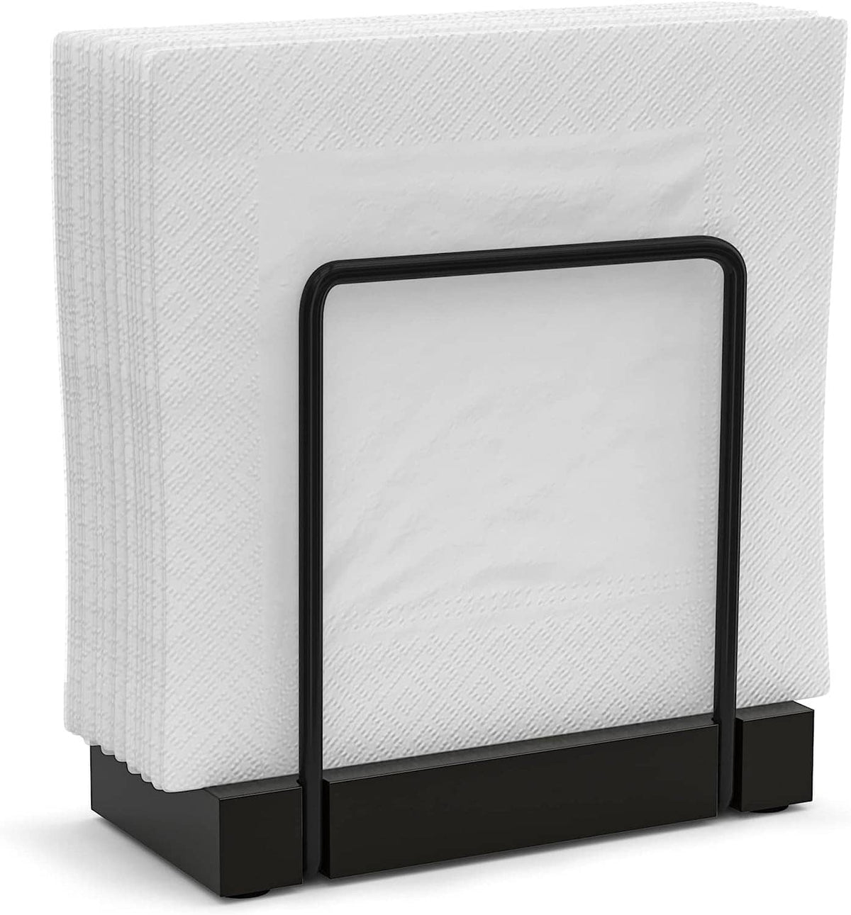 Standing napkin holder with black metal frame and white napkins, rectangular base.