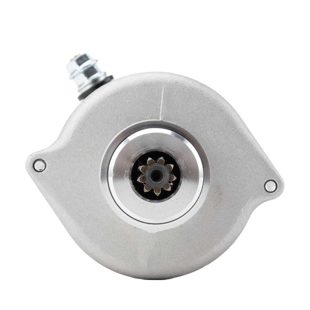 Starter motor front view with round gear housing and bolt holes