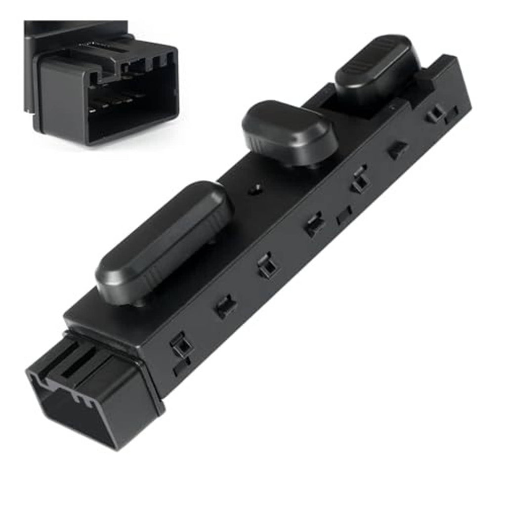Black power seat control switch module with two raised thumb controls and side ports