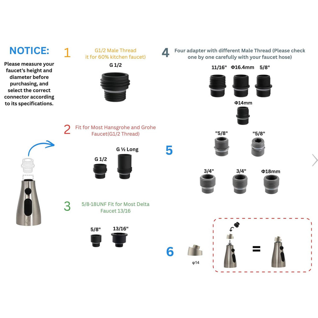 Faucet head adapter set with different male and female thread sizes for fitting