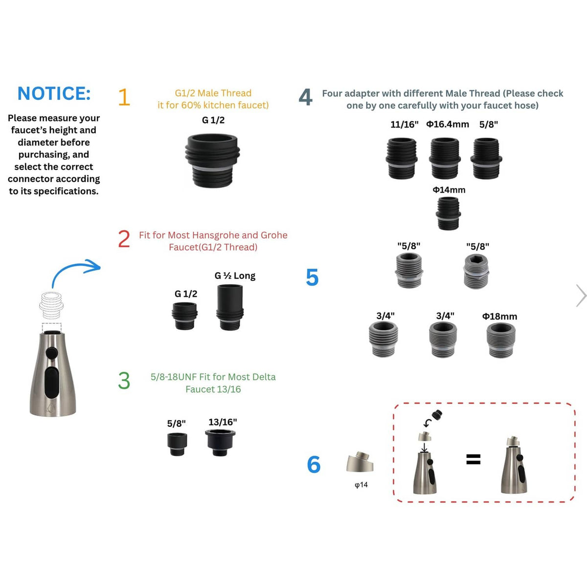 Faucet head adapter set with different male and female thread sizes for fitting