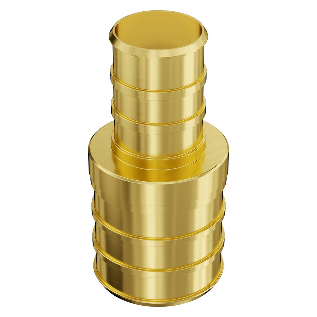 Brass clamp-style pipe fitting with stepped ports and internal thread opening