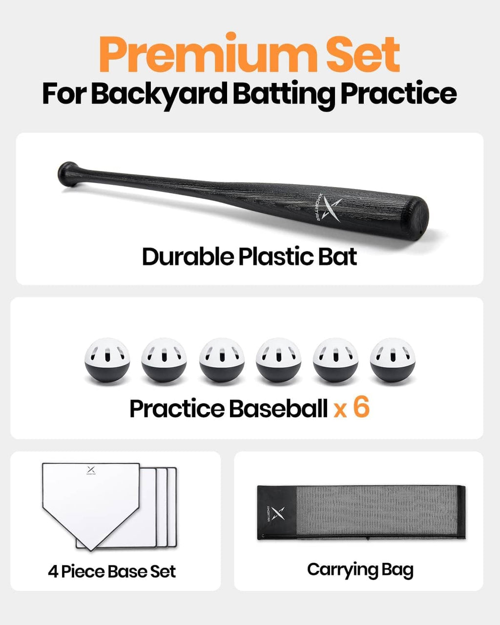 Black plastic batting set with 6 perforated practice baseballs and carrying bag
