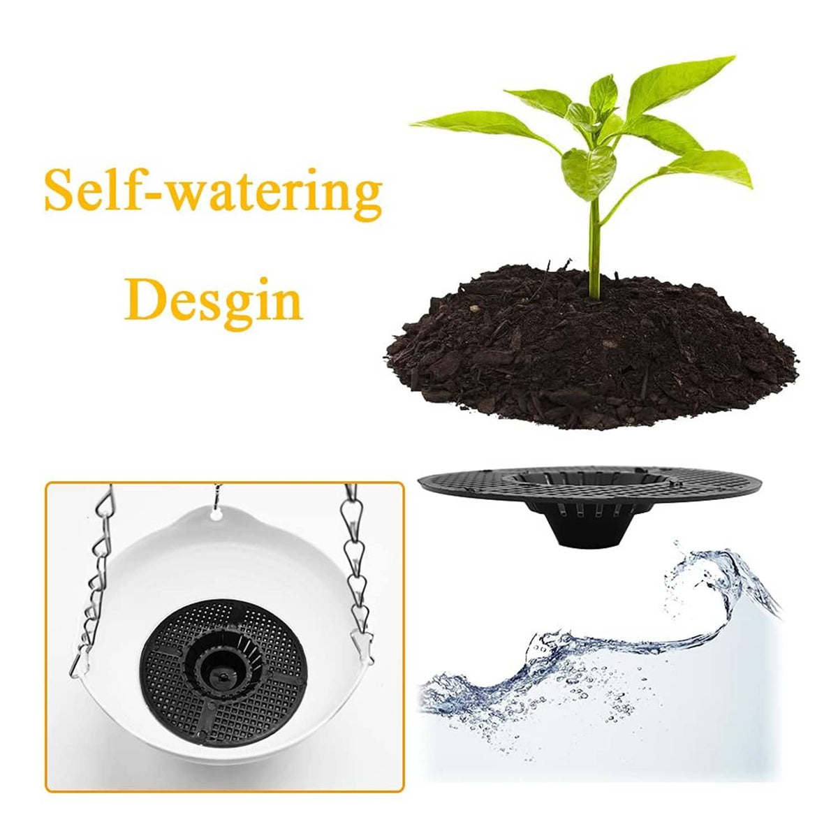 White hanging planter with metal chain and circular drainage insert