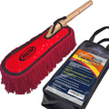 Red car duster with wooden handle, black strap, and long fringe cotton bristles
