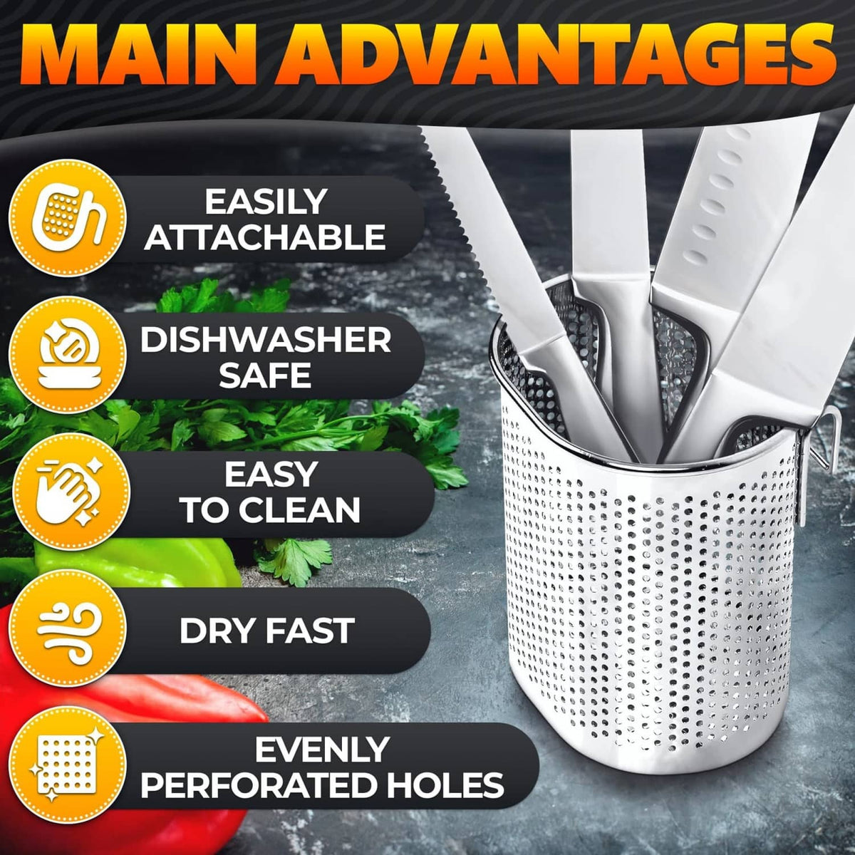 Stainless steel chopstick holder basket with side hooks, perforated drain holes, silver