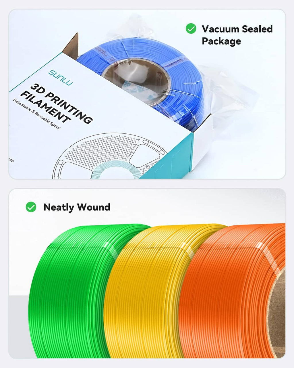 Vacuum-sealed PLA+ filament refill package and neatly wound blue, green, yellow, orange spools