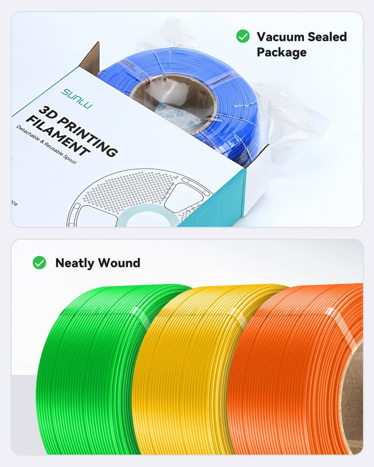 Vacuum-sealed PLA+ filament refill package and neatly wound blue, green, yellow, orange spools