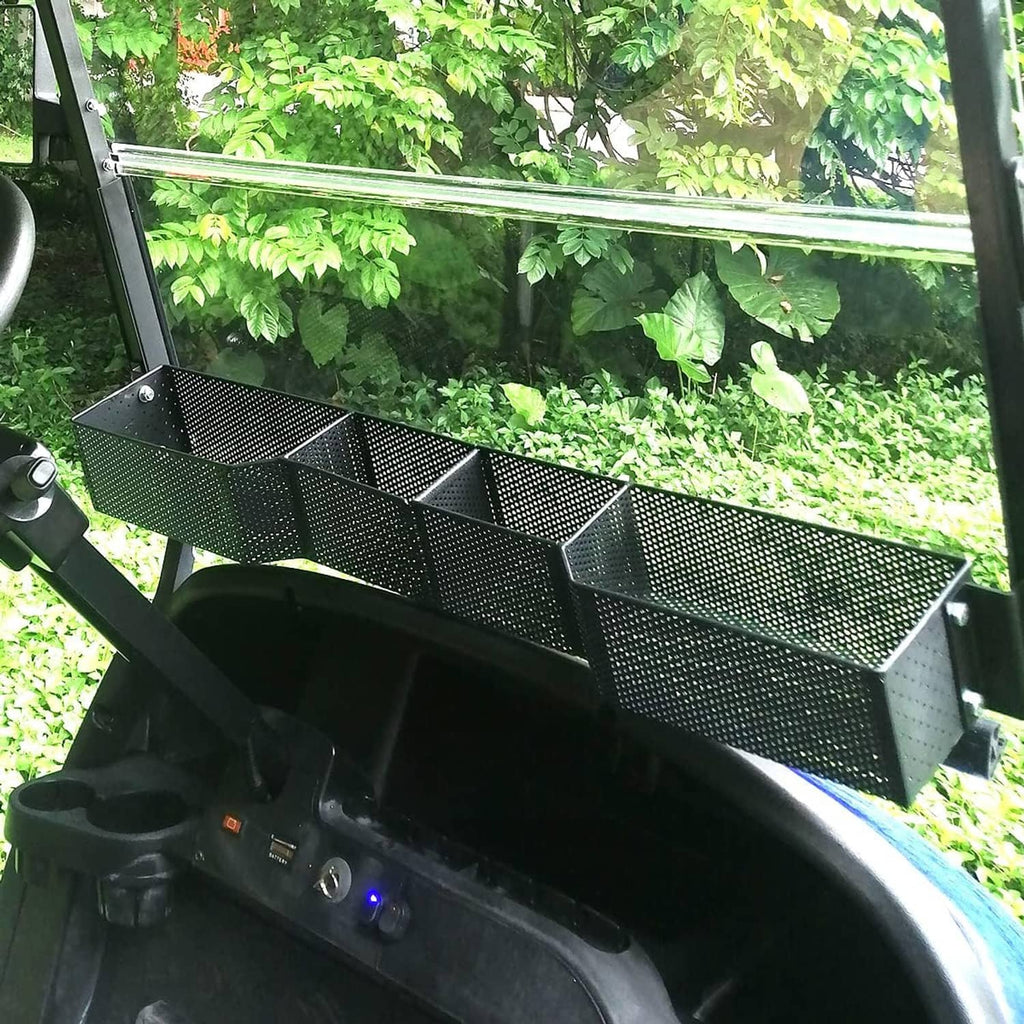 Three-compartment perforated mesh front basket organizer attached to golf cart