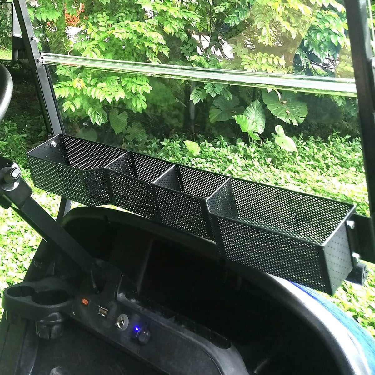 Three-compartment perforated mesh front basket organizer attached to golf cart
