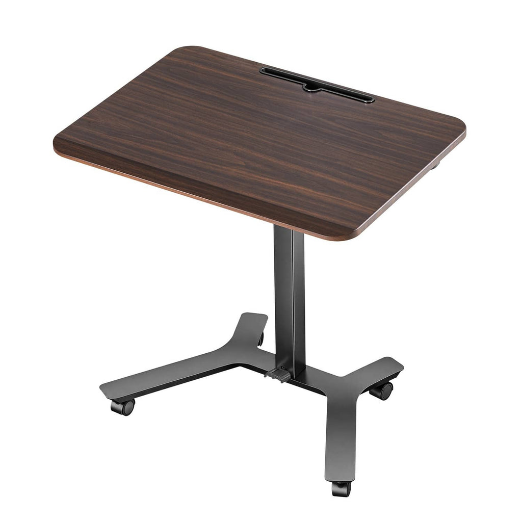 Dark wood standing desk tabletop with black metal lift legs and four casters