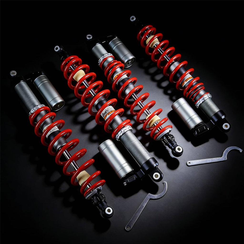 Air shock absorber set with red coil springs and silver shock bodies, plus tools
