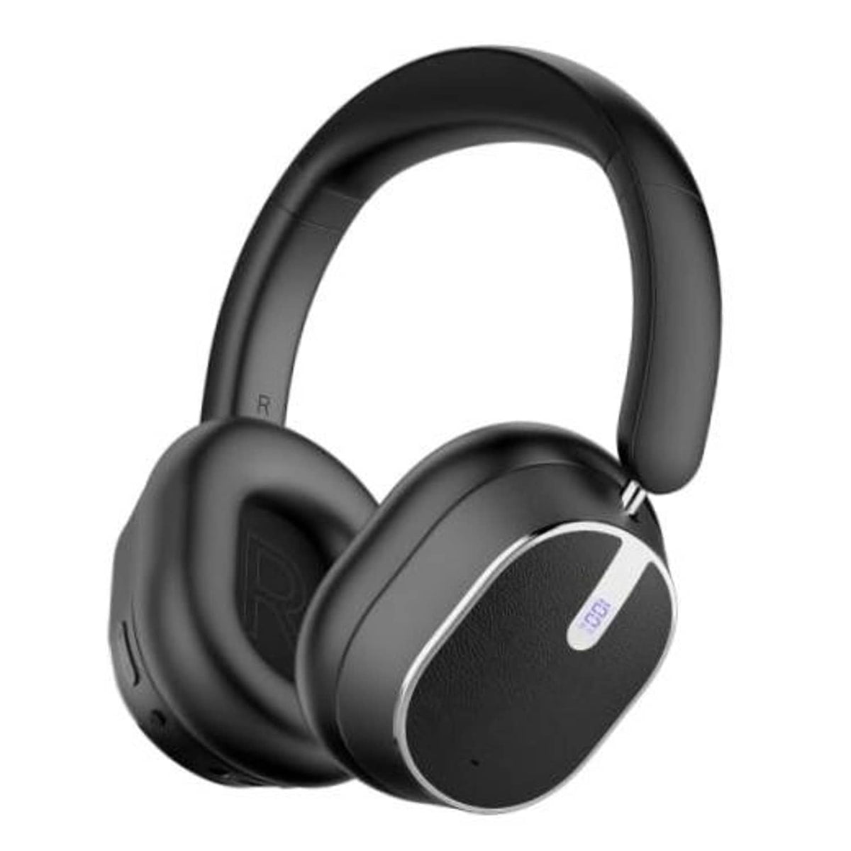 Black over-ear Bluetooth headphones with cushioned ear pads and padded headband