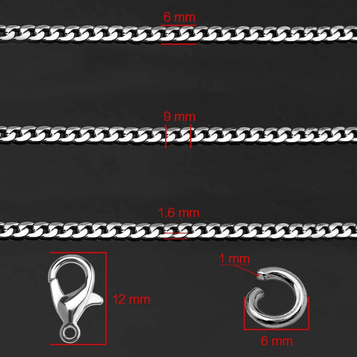 Cuban link chain with linked ovals, size markings showing 6 mm and 9 mm widths