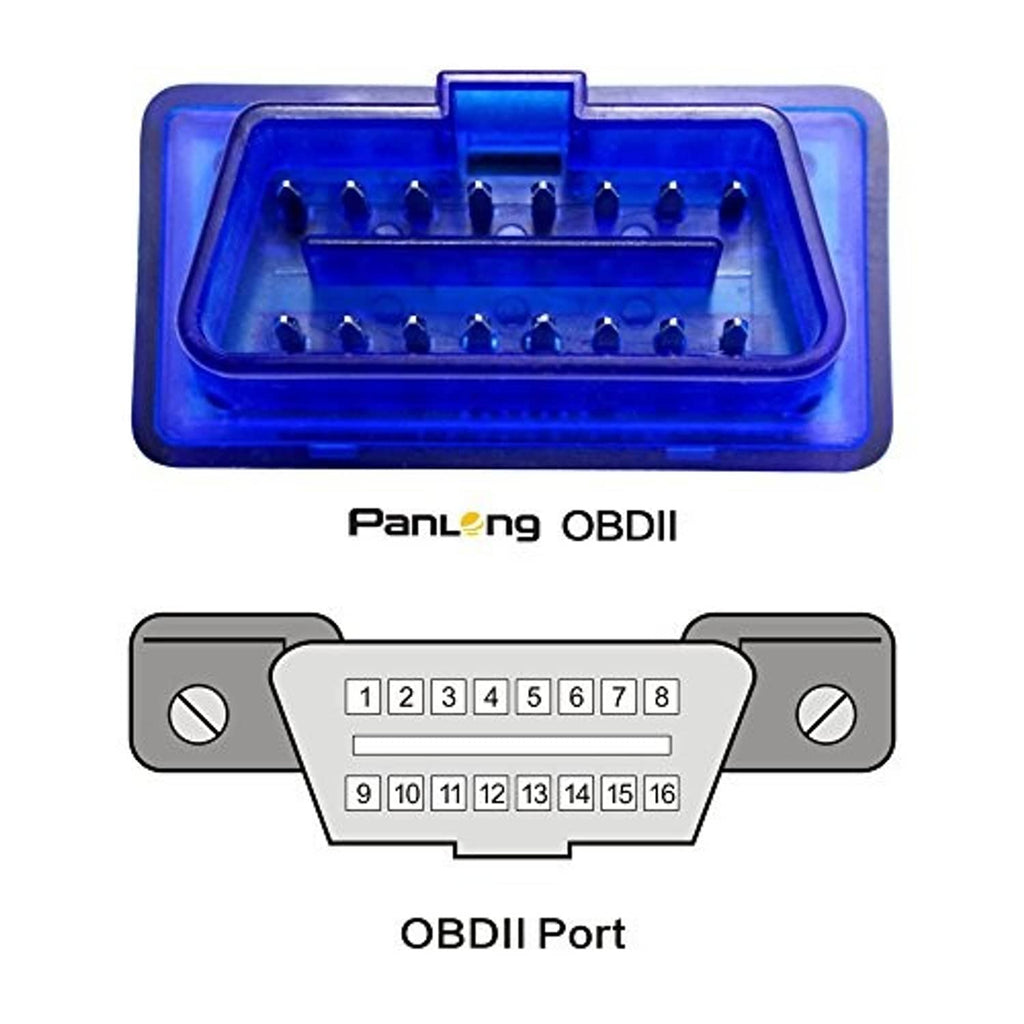 Blue OBDII connector housing with pins and labeled OBDII port diagram