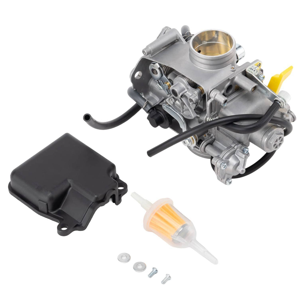 Carburetor carb assembly with fuel filter, metal housing and black hoses, spare parts included