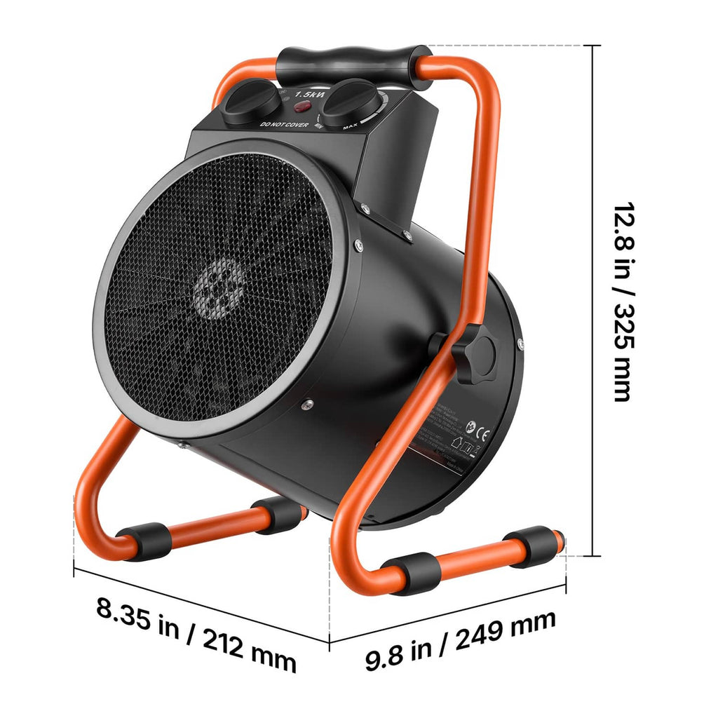 Electric greenhouse heater angled view with orange handle and black front mesh grille