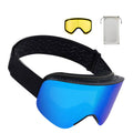 Blue mirrored ski goggles with black strap and cylindrical lens, with cloth pouch
