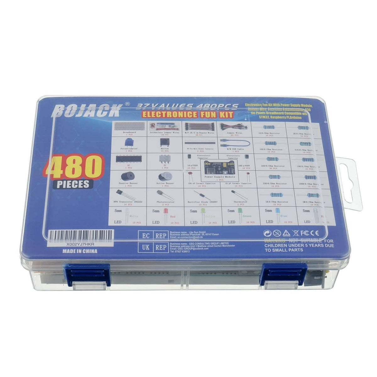 BOJACK electronics kit case lid with 480 pieces label and component reference chart