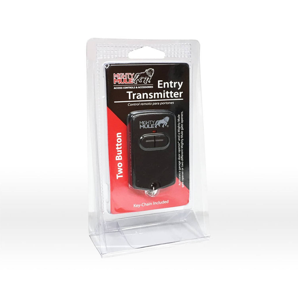 Mighty Mule Two-Button gate entry transmitter remote in blister packaging