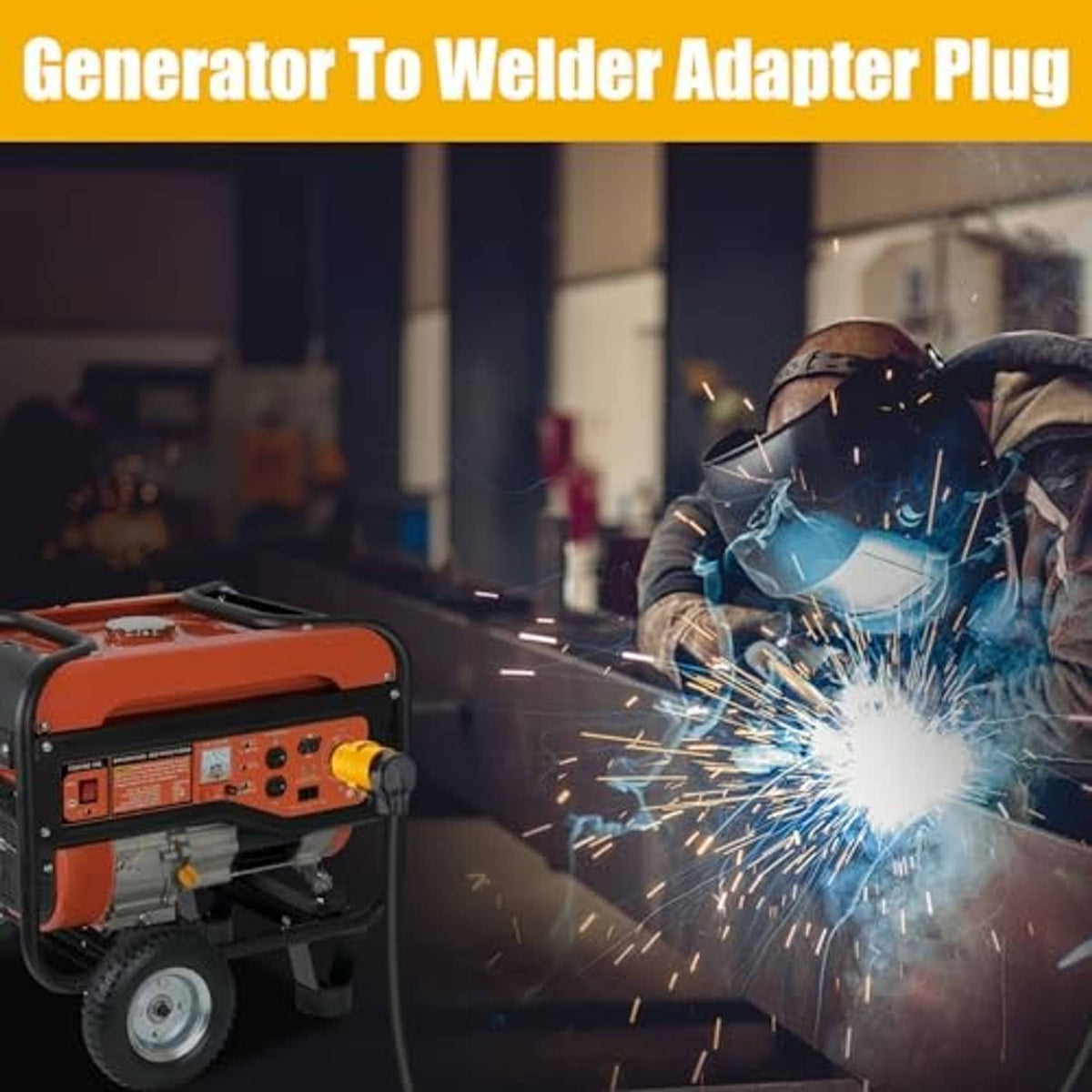 Generator adapter plug used for power connection during welding sparks in workshop