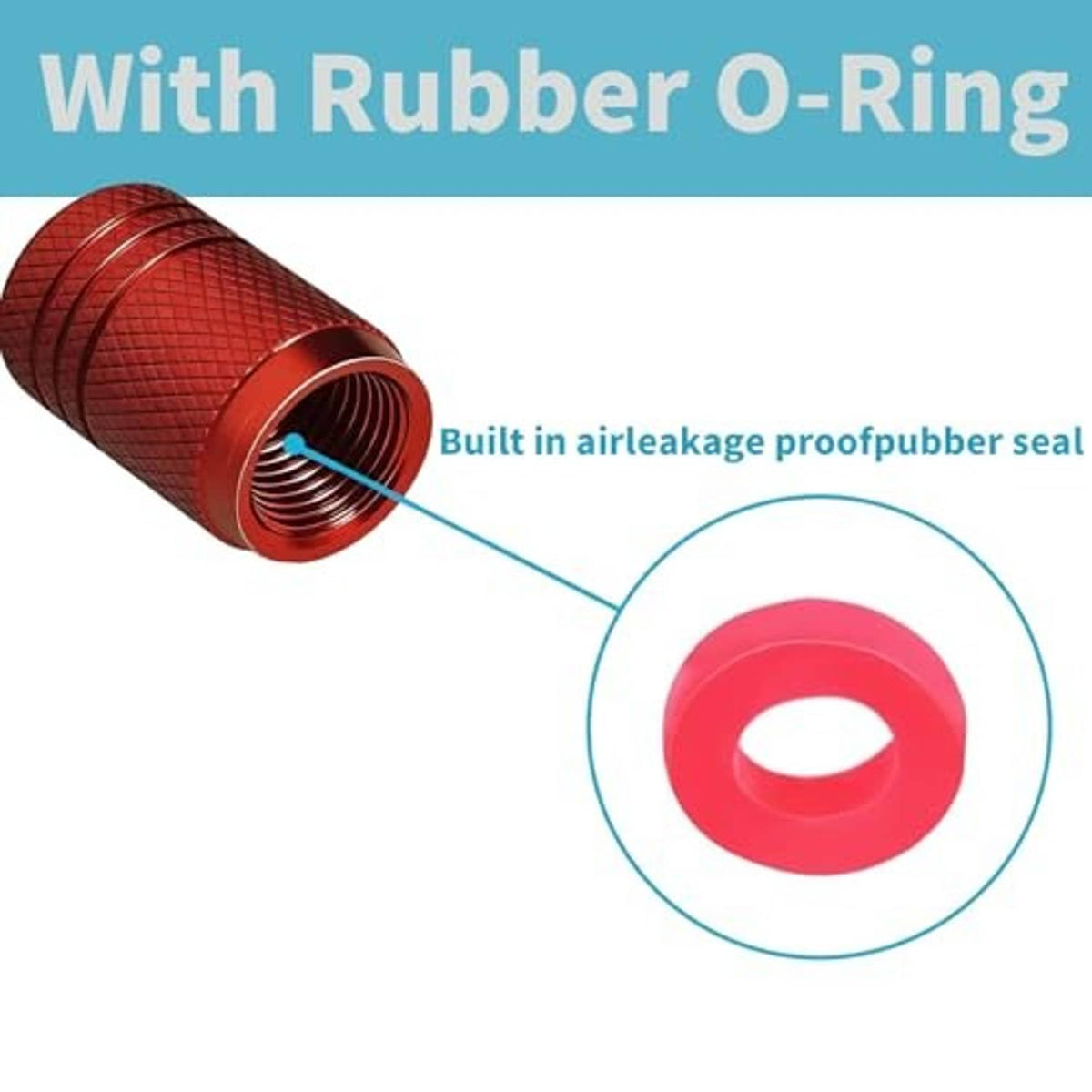 Car tire valve stem cap with built-in rubber O-ring seal, red textured body