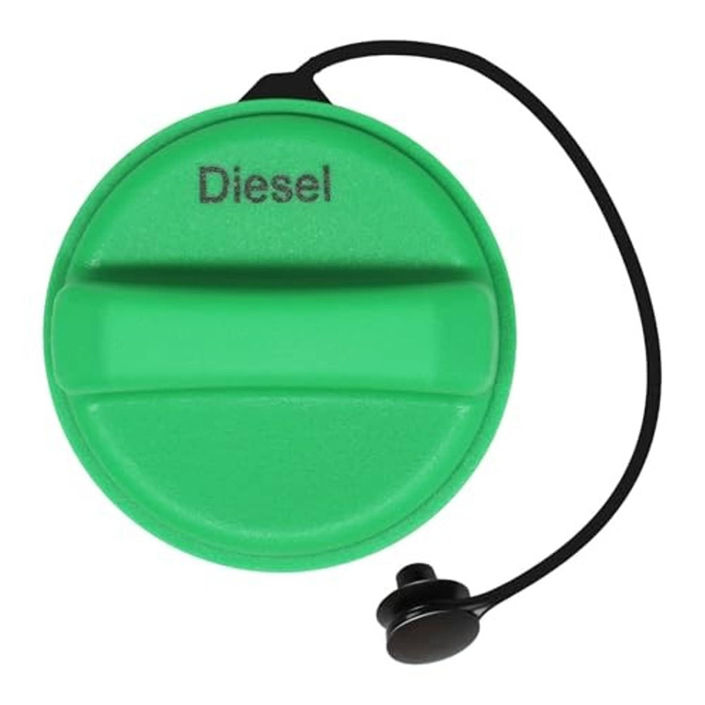 Green diesel fuel tank cap with black tether cord and Diesel label, angled