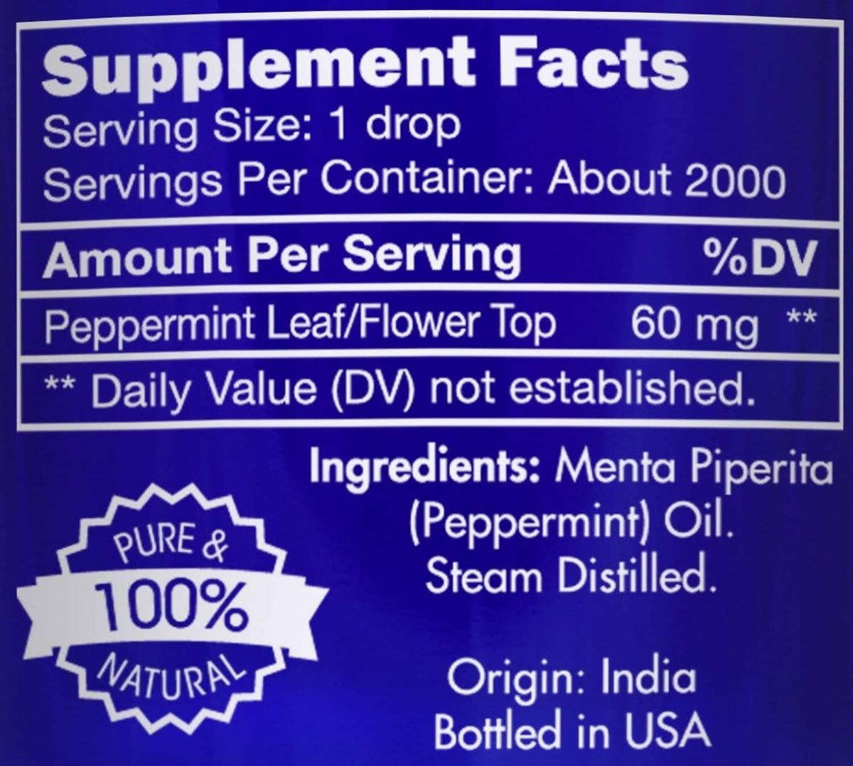 Supplement Facts panel for essential oil: serving size 1 drop, ingredients