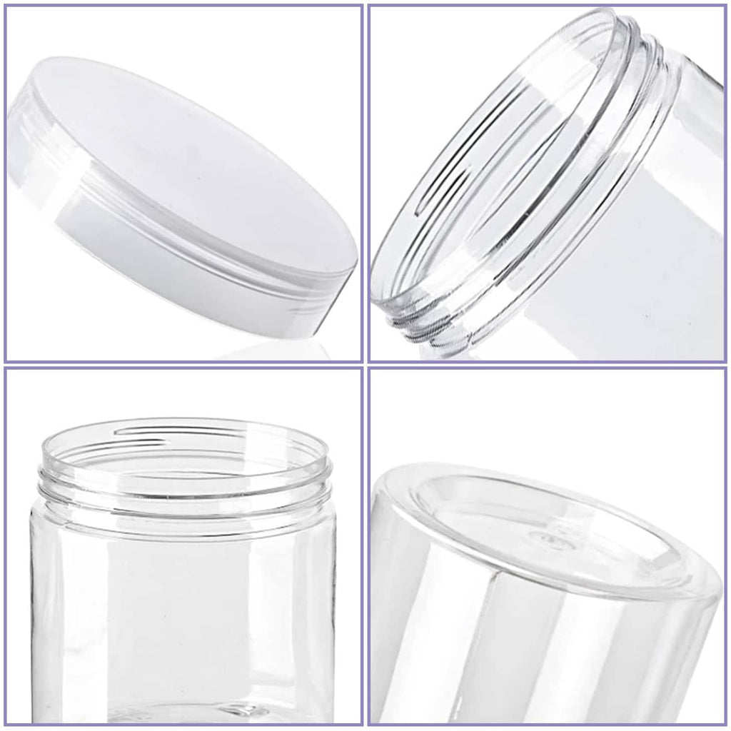 Clear plastic storage jar with lid, top and rim close-up