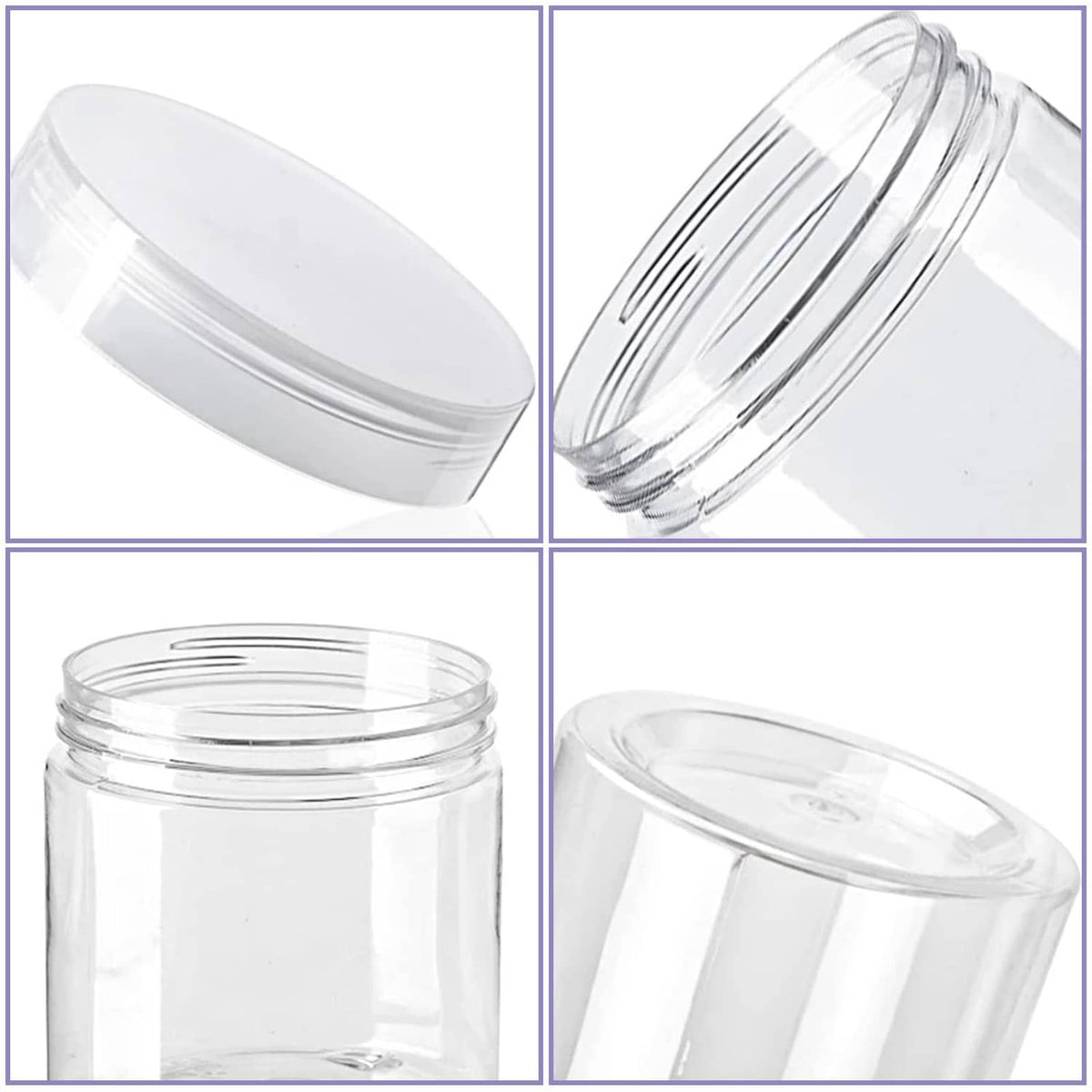 Clear plastic storage jar with lid, top and rim close-up