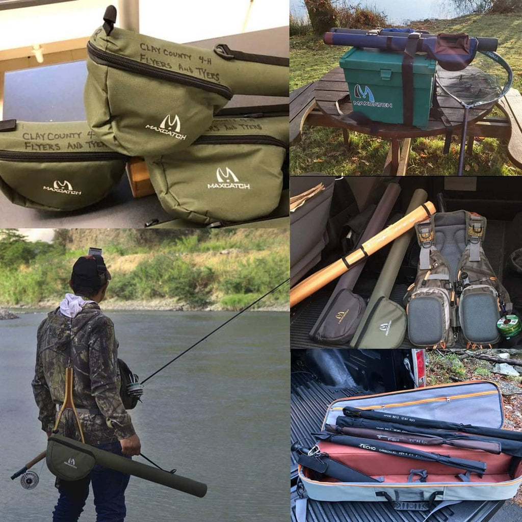 Grey fly rod reel case in outdoor travel use, shown carried and packed with rods
