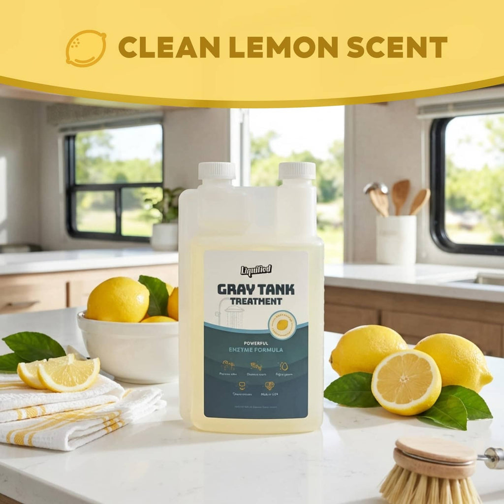 Gray tank treatment bottle with lemon-scent theme, front label and two white caps