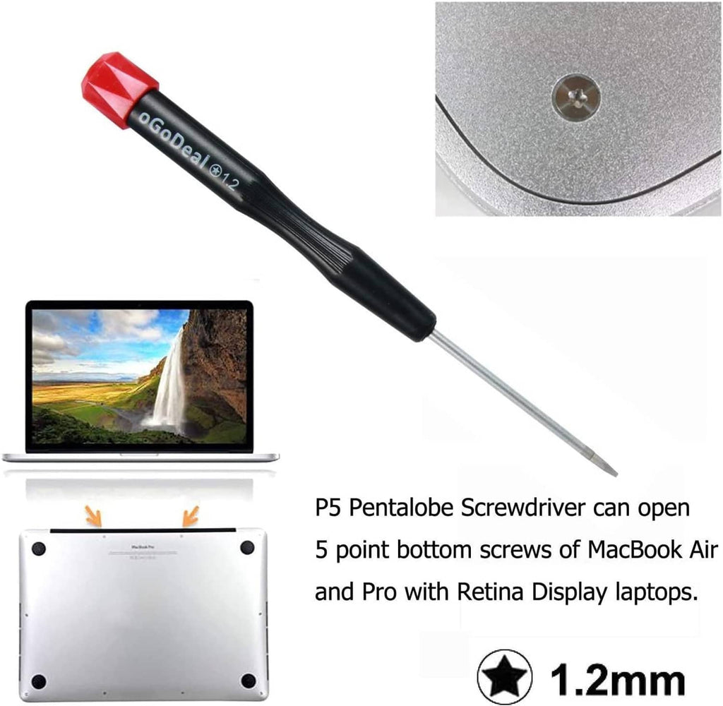 Precision pentalobe screwdriver with five-point star tip and long metal shaft