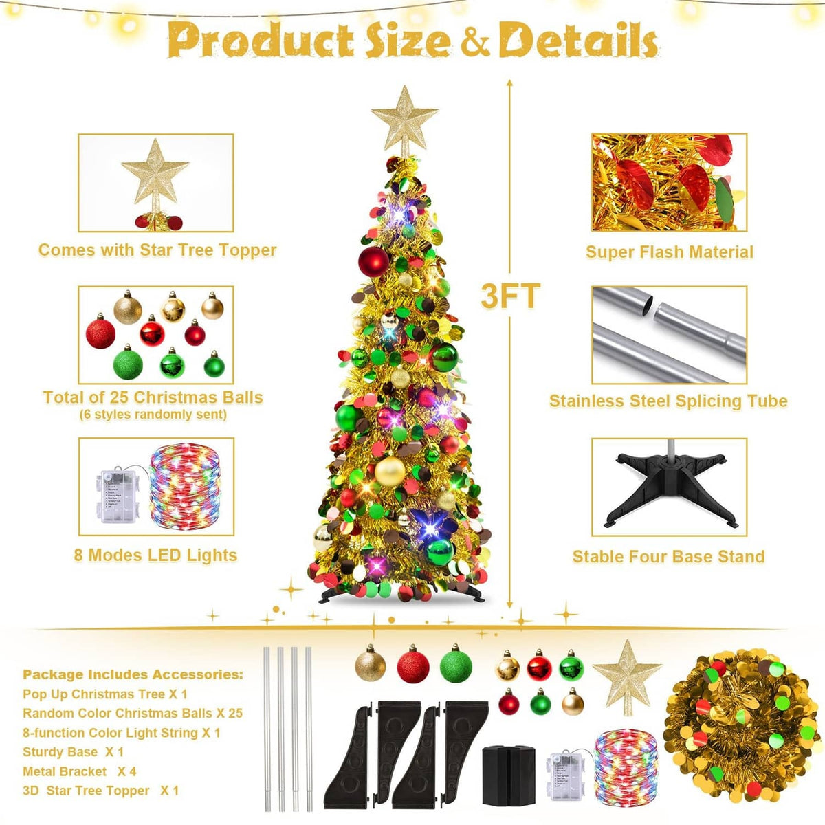 3ft pop-up Christmas tree with star topper, multicolor ornaments and 8-mode LED lights