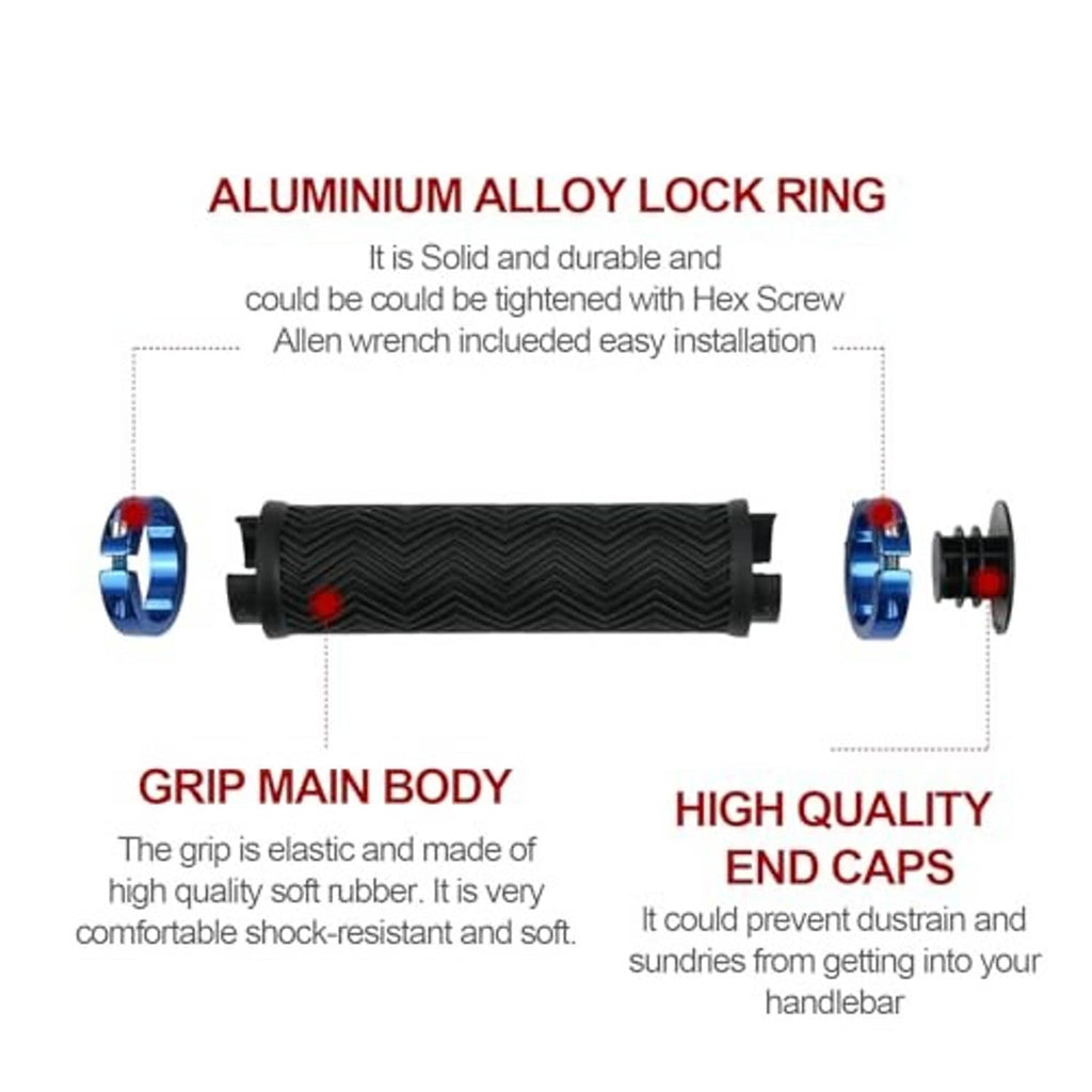Bike handlebar grips with black rubber body and blue aluminum lock ring and end caps.