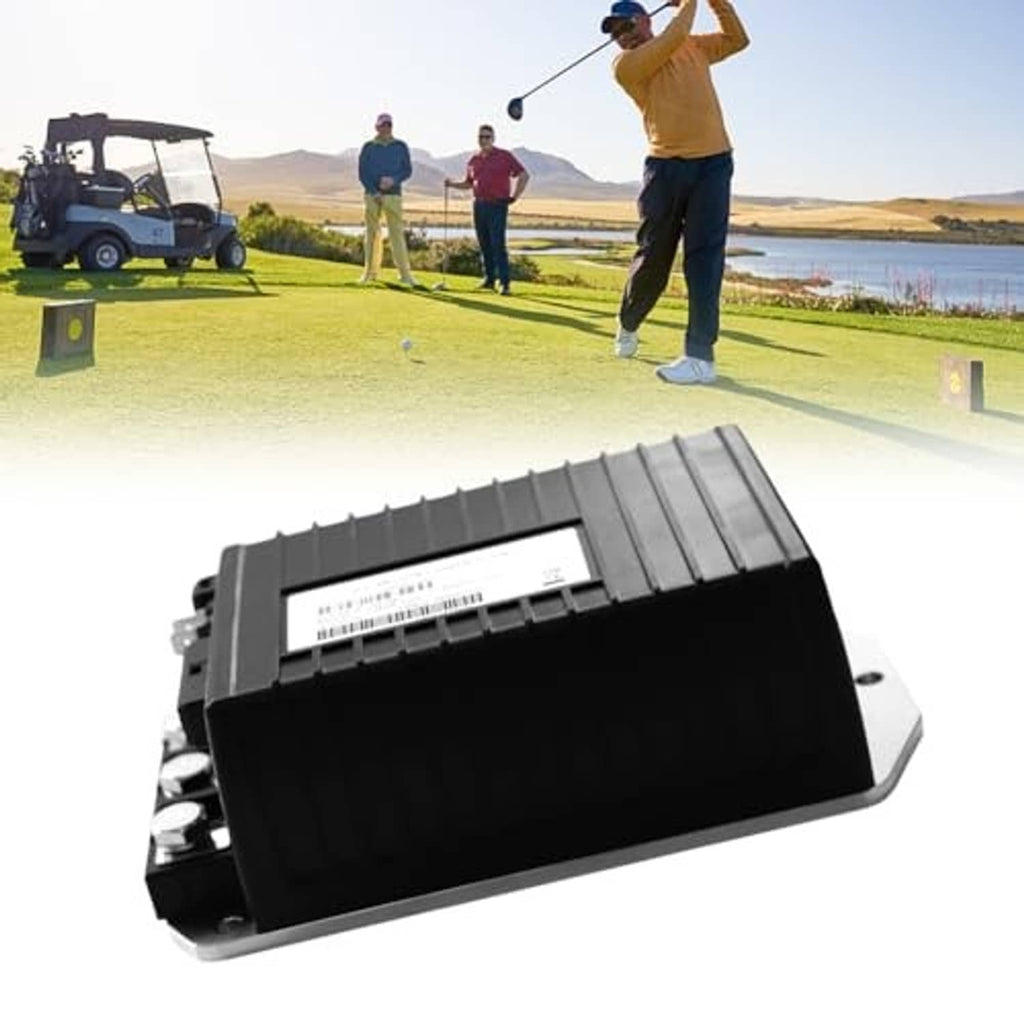 Black motor controller with ribbed top fins and visible front label, angled view.