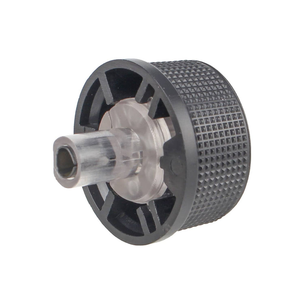 Side view of black HVAC temperature control knob showing mounting pin and clip wheel