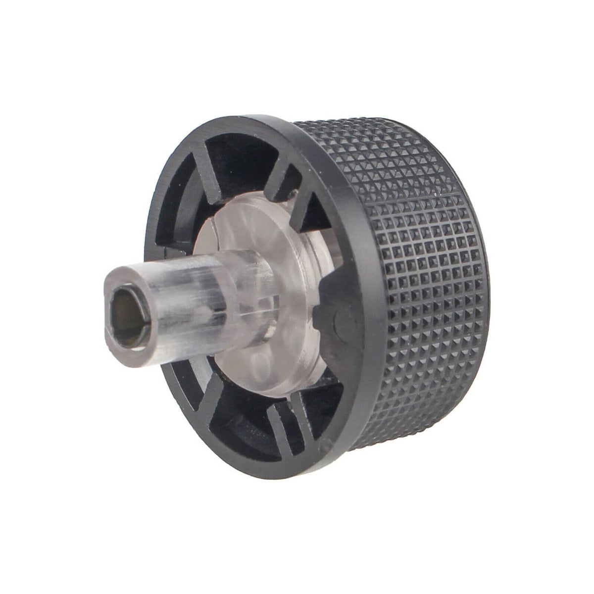 Side view of black HVAC temperature control knob showing mounting pin and clip wheel